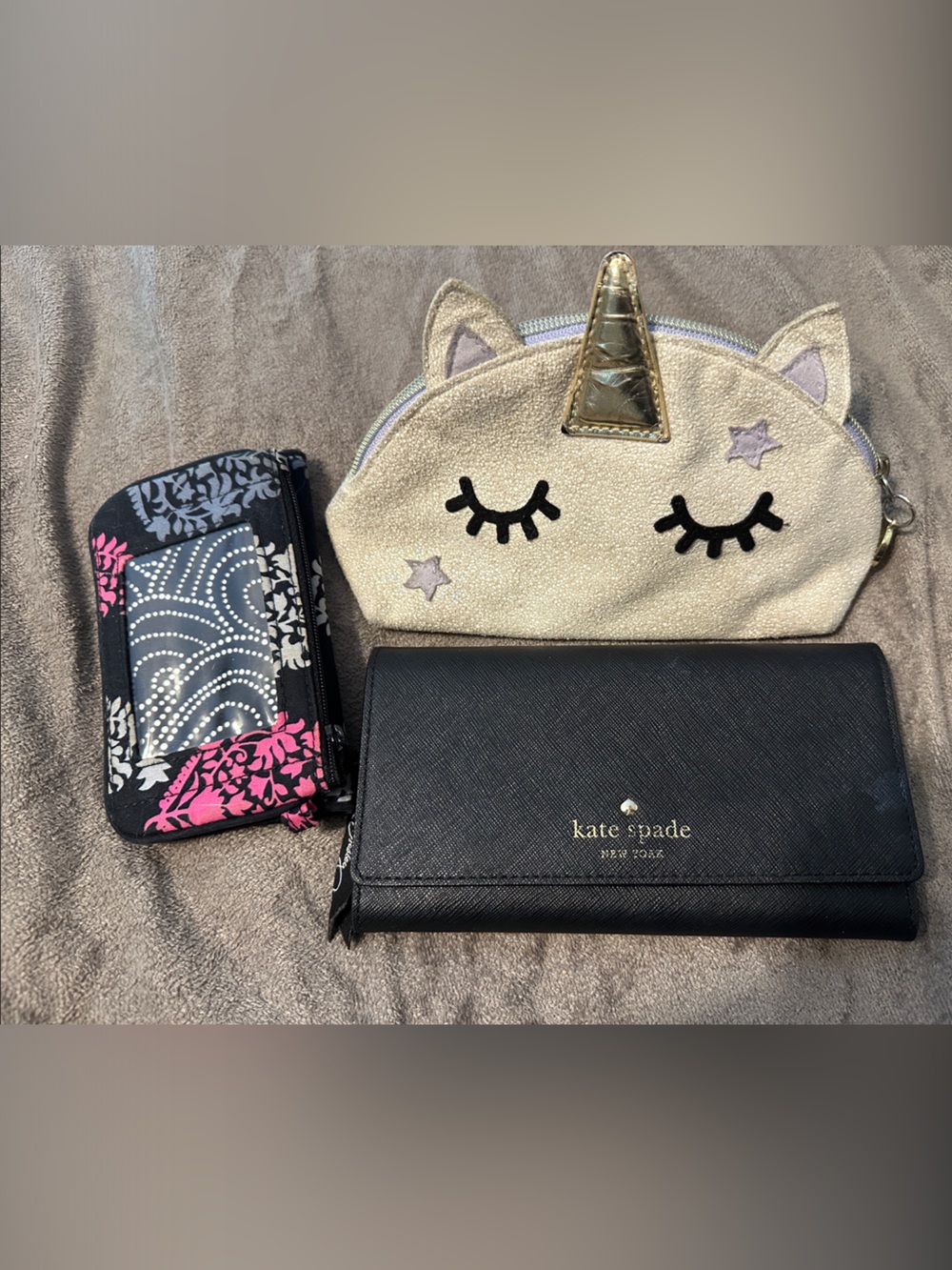 kate spade Black Leather Continental Wallet with Gold Logo